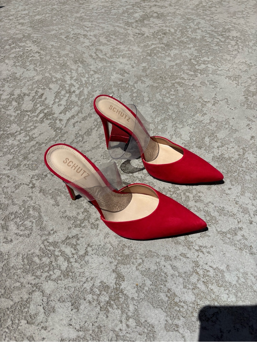 SCHUTZ Red Pointed Toe Mules with Clear Strap
